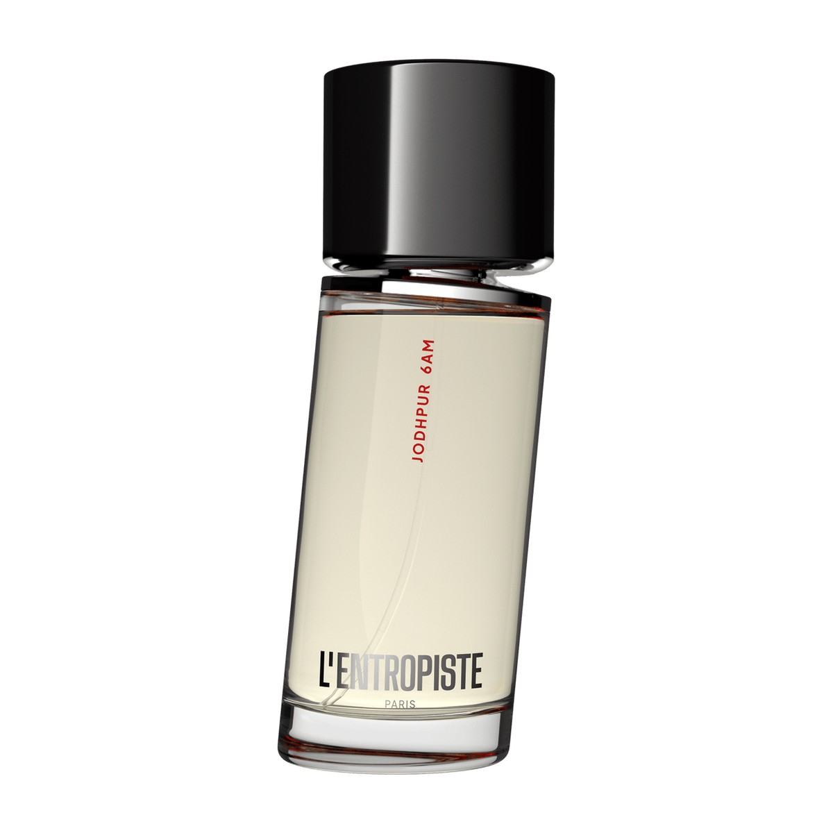L'Entropiste Jodhpur 6am EDP 100 ml buteliukas su juodu dangteliu ir šviesiu skysčiu ant balto fono