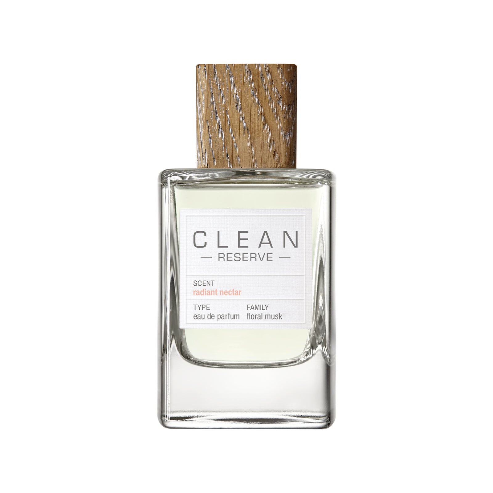 Clean Reserve Radiant Nectar Eau de Parfum 100 ml, skaidrus buteliukas su medinio rašto dangteliu