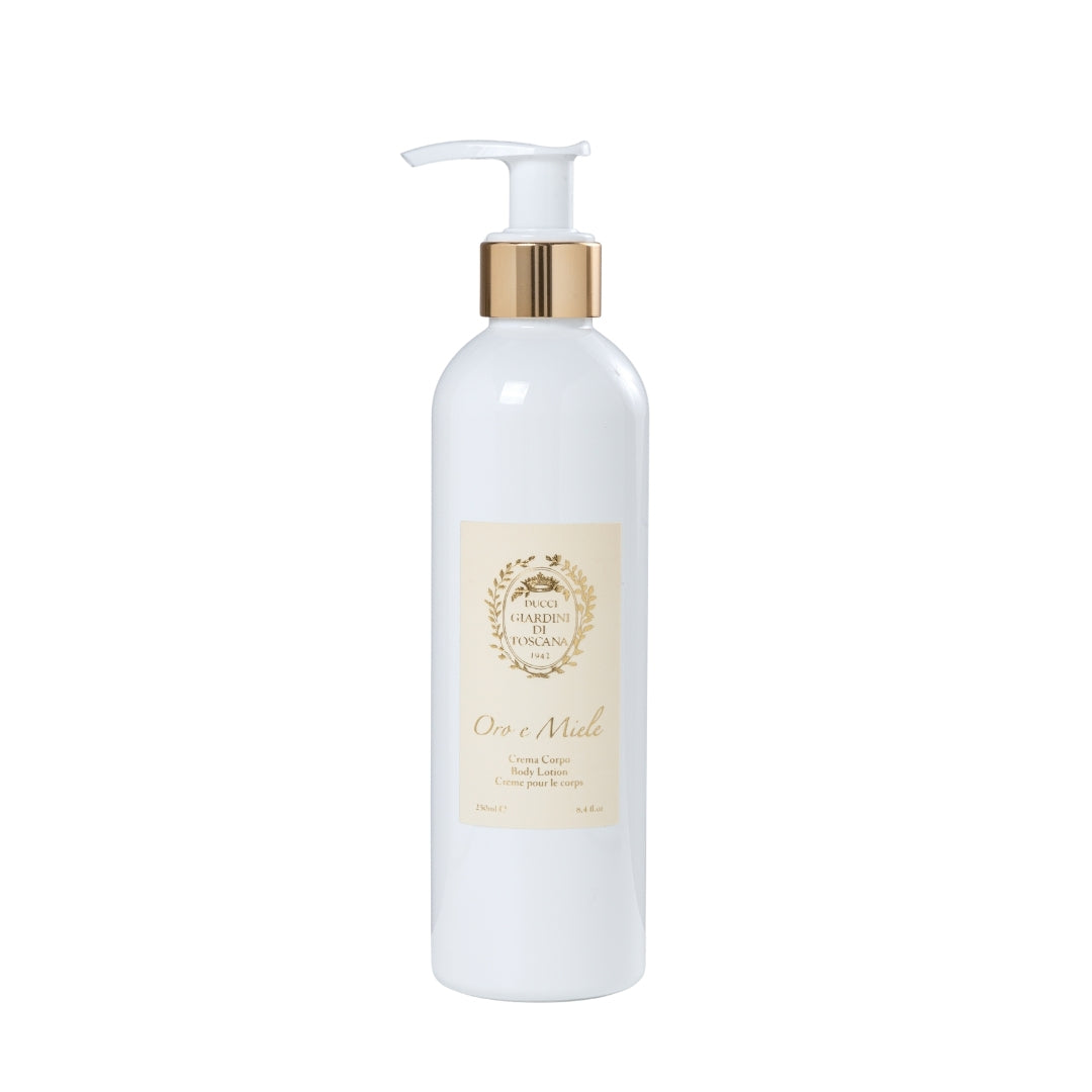 Giardini di Toscana Oro e Miele Body Cream 250 ml baltas buteliukas su pompa