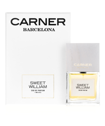 Carner Barcelona Sweet William Eau de Parfum 100 ml, caurspīdīgs flakons ar balināta koka vāciņu un baltu kastīti