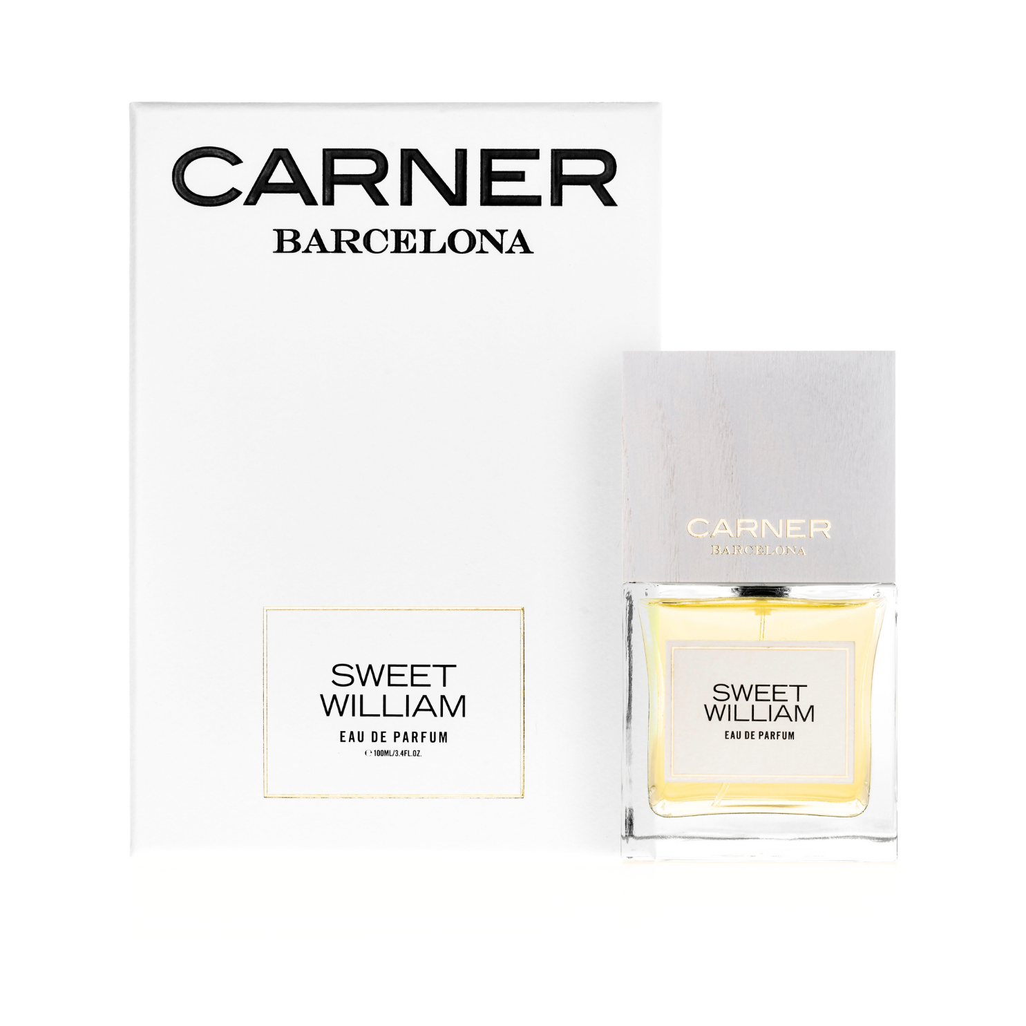 Carner Barcelona Sweet William Eau de Parfum 100 ml, caurspīdīgs flakons ar balināta koka vāciņu un baltu kastīti