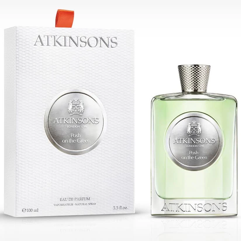 Atkinsons Posh on the Green Eau de Parfum 100 ml buteliukas su balta dėžute ir oranžine juostele