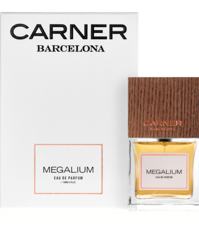 Carner Barcelona Megalium Eau de Parfum 100 ml, skaidrus buteliukas su ąžuolo dangteliu ir balta dėžute