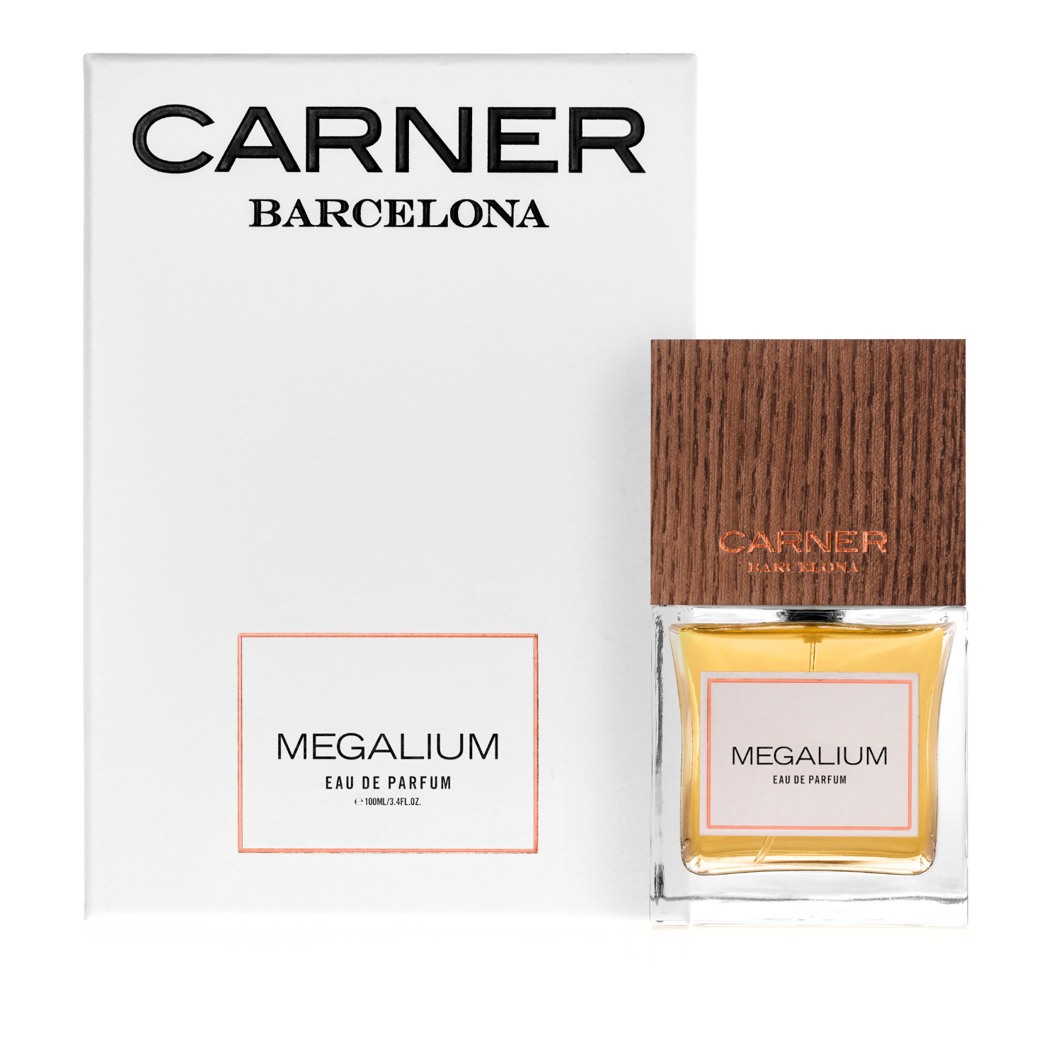 Carner Barcelona Megalium Eau de Parfum 100 ml, skaidrus buteliukas su ąžuolo dangteliu ir balta dėžute