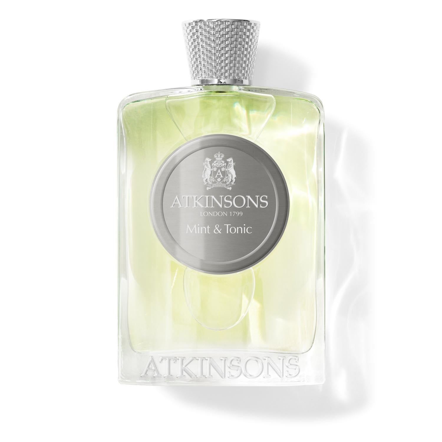 Atkinsons Mint & Tonic Eau de Parfum 100 ml, skaidrus buteliukas su žalsvu skysčiu ir sidabriniu pintu dangteliu