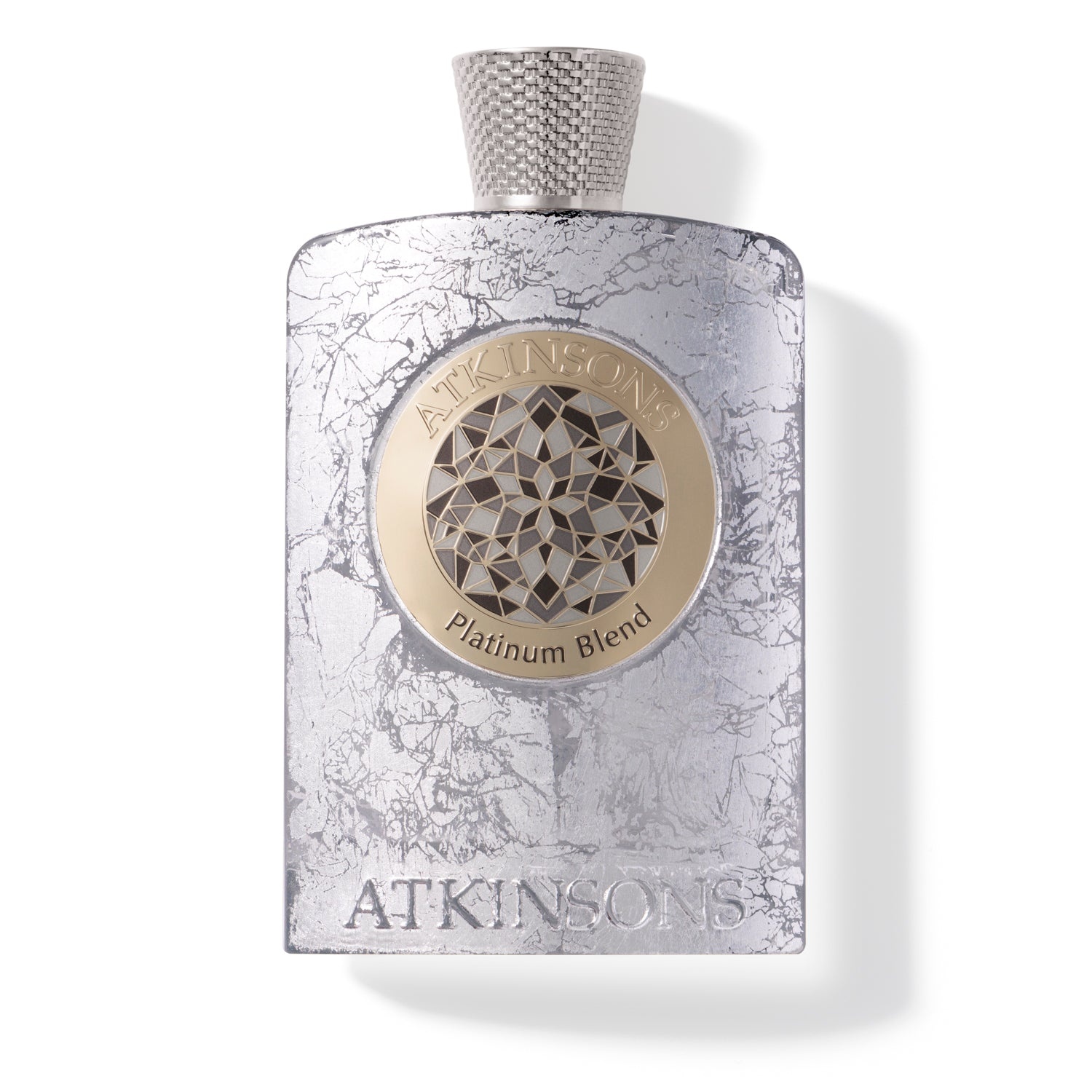 Atkinsons Platinum Blend Parfum Intense 100 ml, sidabrinis buteliukas su skilinėjusia danga ir auksiniu mozaikiniu medalionu