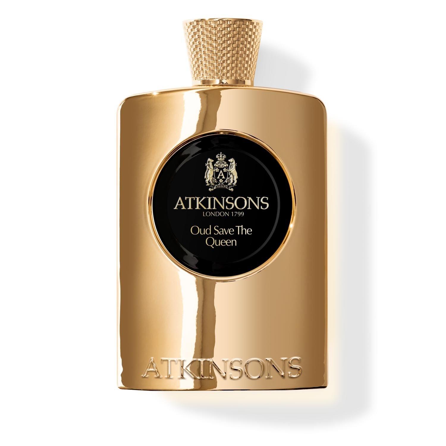 Atkinsons Oud Save The Queen Eau de Parfum 100 ml, veidrodinio aukso buteliukas su juodu emaliuotu medalionu