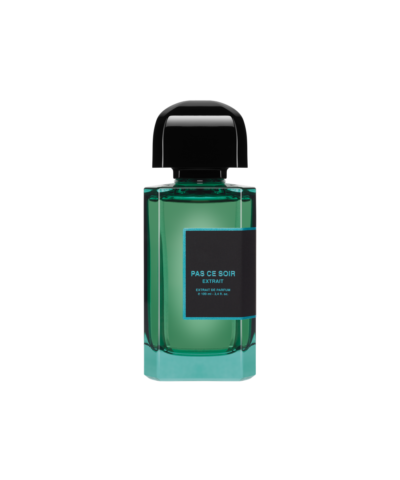 BDK Parfums Pas Ce Soir Extrait de Parfum 100 ml, smaragdo spalvos flakons ar melnu etiķeti un debeszilu apmali
