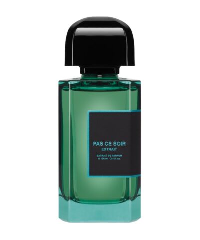 BDK Parfums Pas Ce Soir Extrait de Parfum 100 ml, smaragdo spalvos flakons ar melnu etiķeti un debeszilu apmali