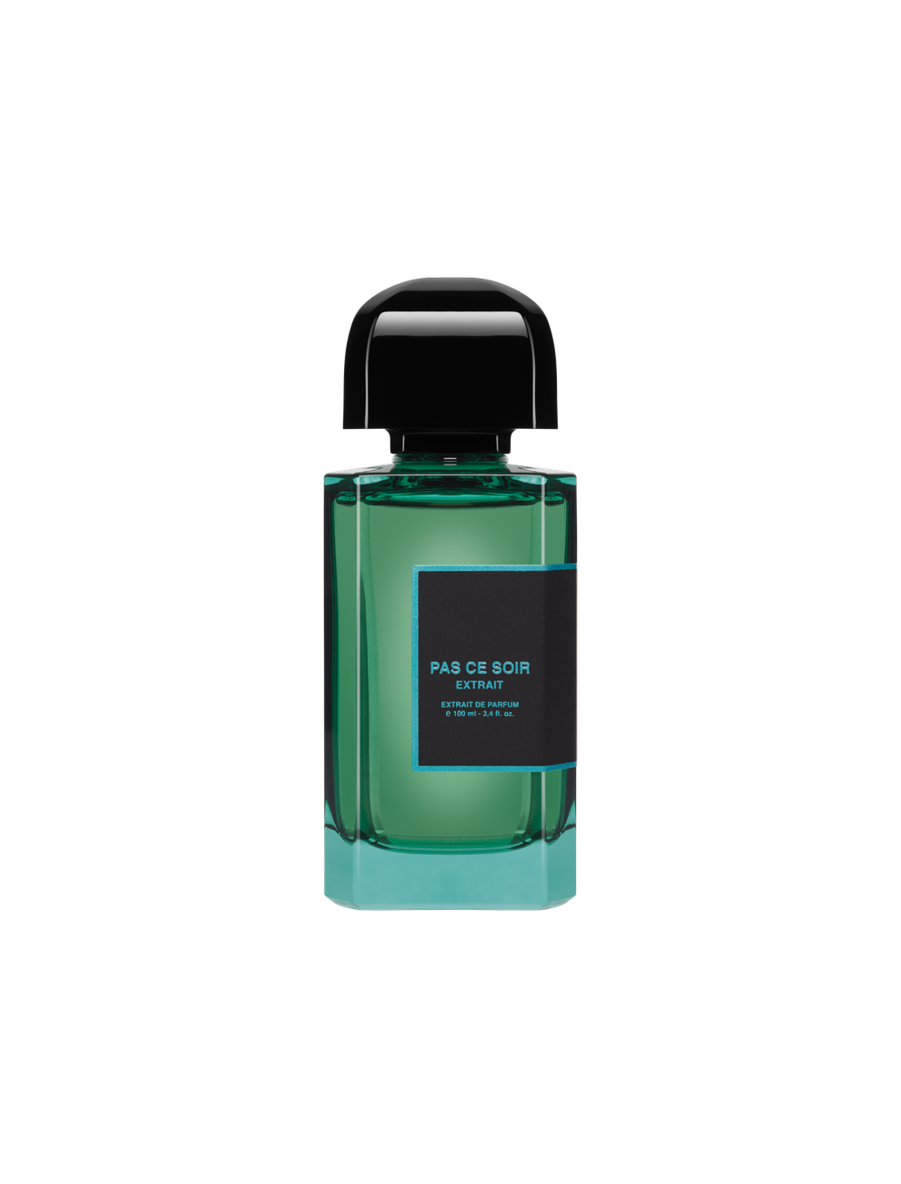 BDK Parfums Pas Ce Soir Extrait de Parfum 100 ml, smaragdo spalvos flakons ar melnu etiķeti un debeszilu apmali