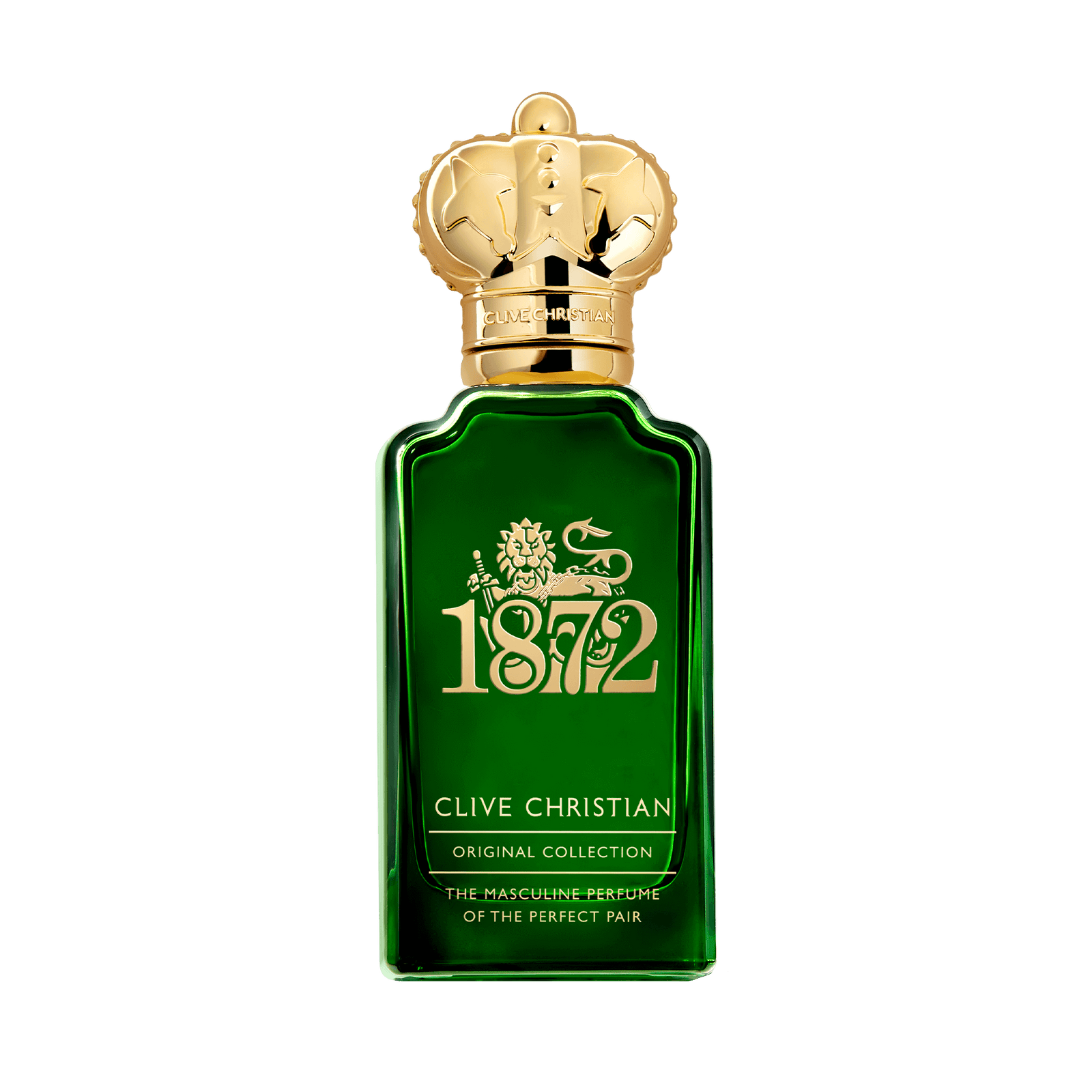 Clive Christian 1872 Masculine Eau de Parfum 50 ml, žalio stiklo buteliukas su auksiniu karūnos kamšteliu