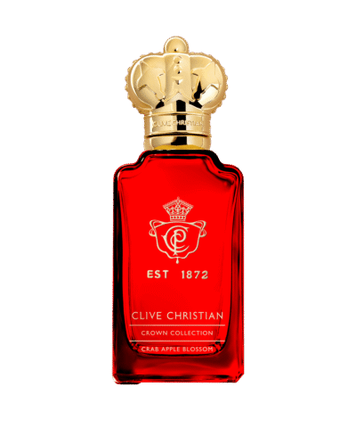 Clive Christian Crab Apple Blossom Eau de Parfum 50 ml, ryškiai raudono stiklo buteliukas su auksiniu karūnos kamšteliu
