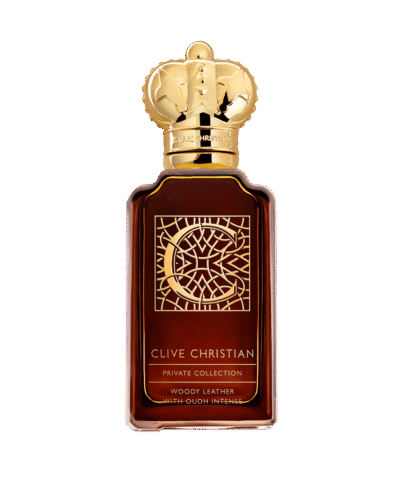 Clive Christian C Woody Leather Eau de Parfum 50 ml, gintaro rudo stiklo buteliukas su auksine raide C
