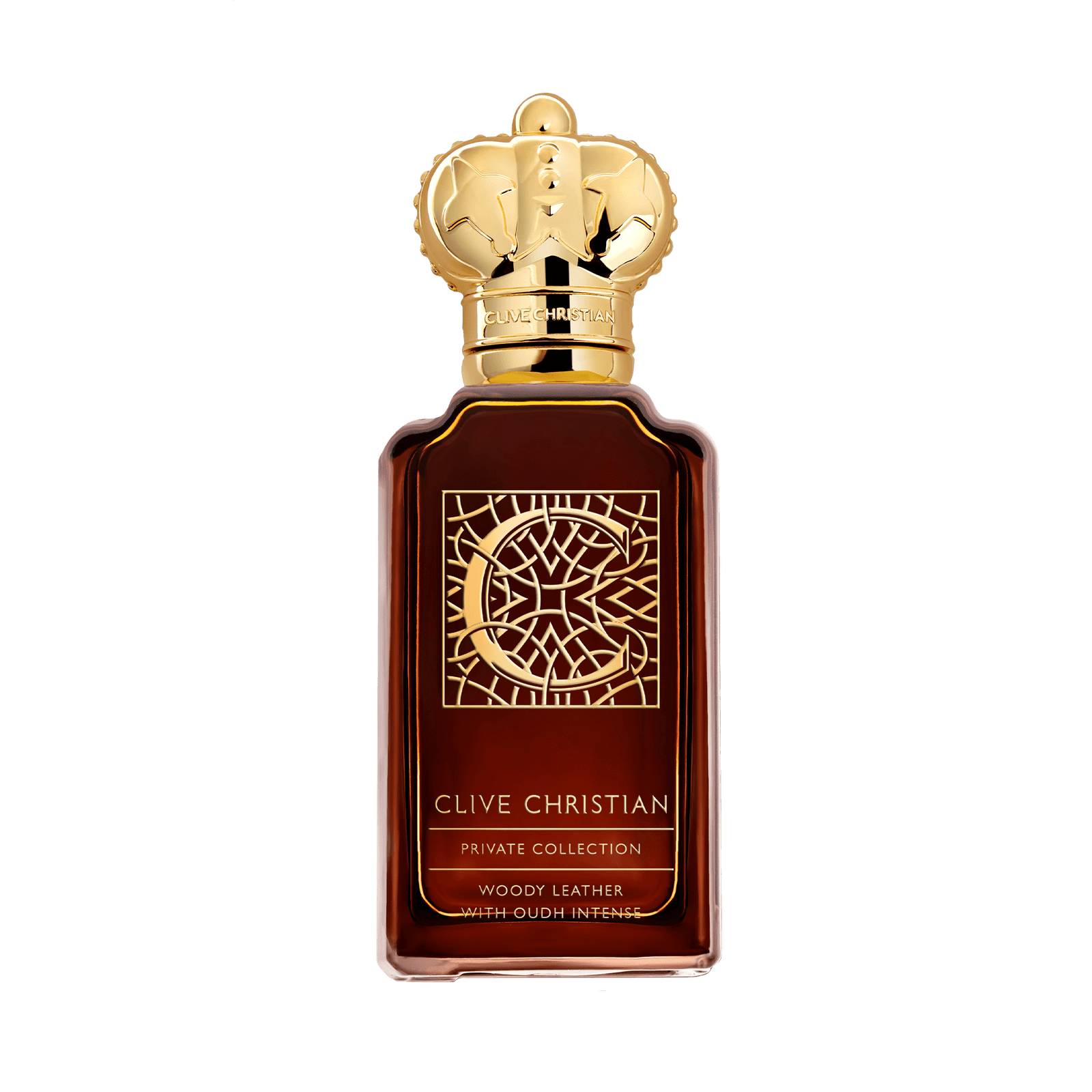 Clive Christian C Woody Leather Eau de Parfum 50 ml, gintaro rudo stiklo buteliukas su auksine raide C