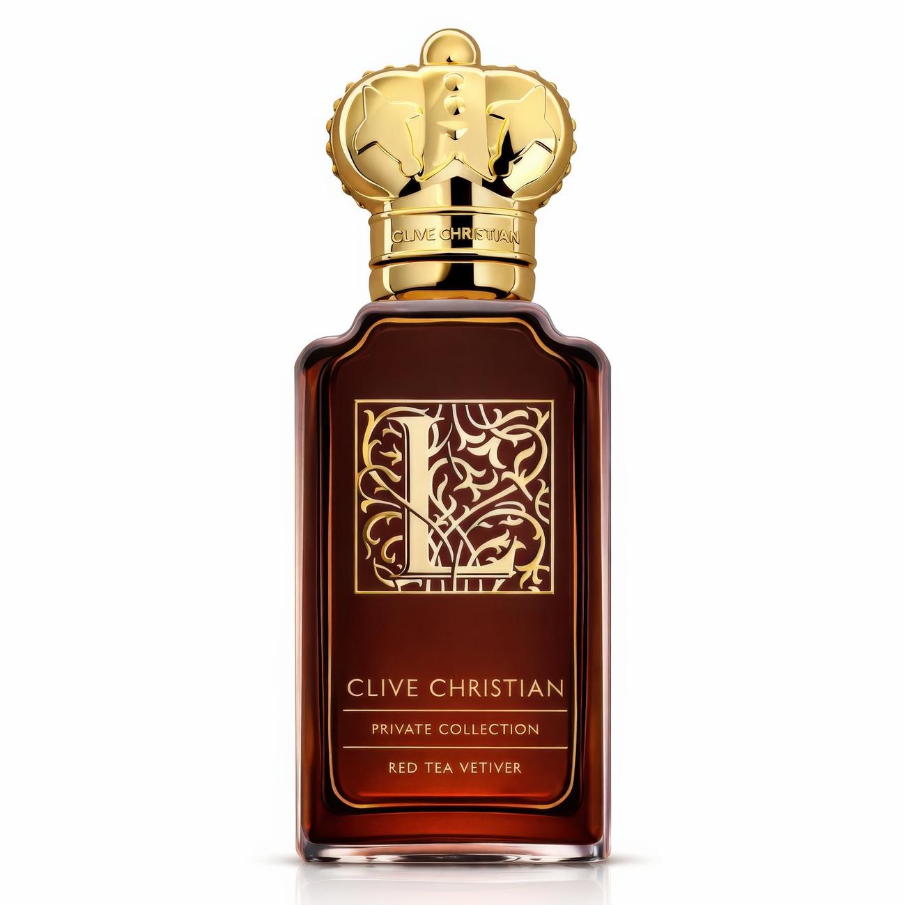 Clive Christian L Red Tea Vetiver Eau de Parfum 50 ml, gintaro rudo stiklo buteliukas su auksine raide L