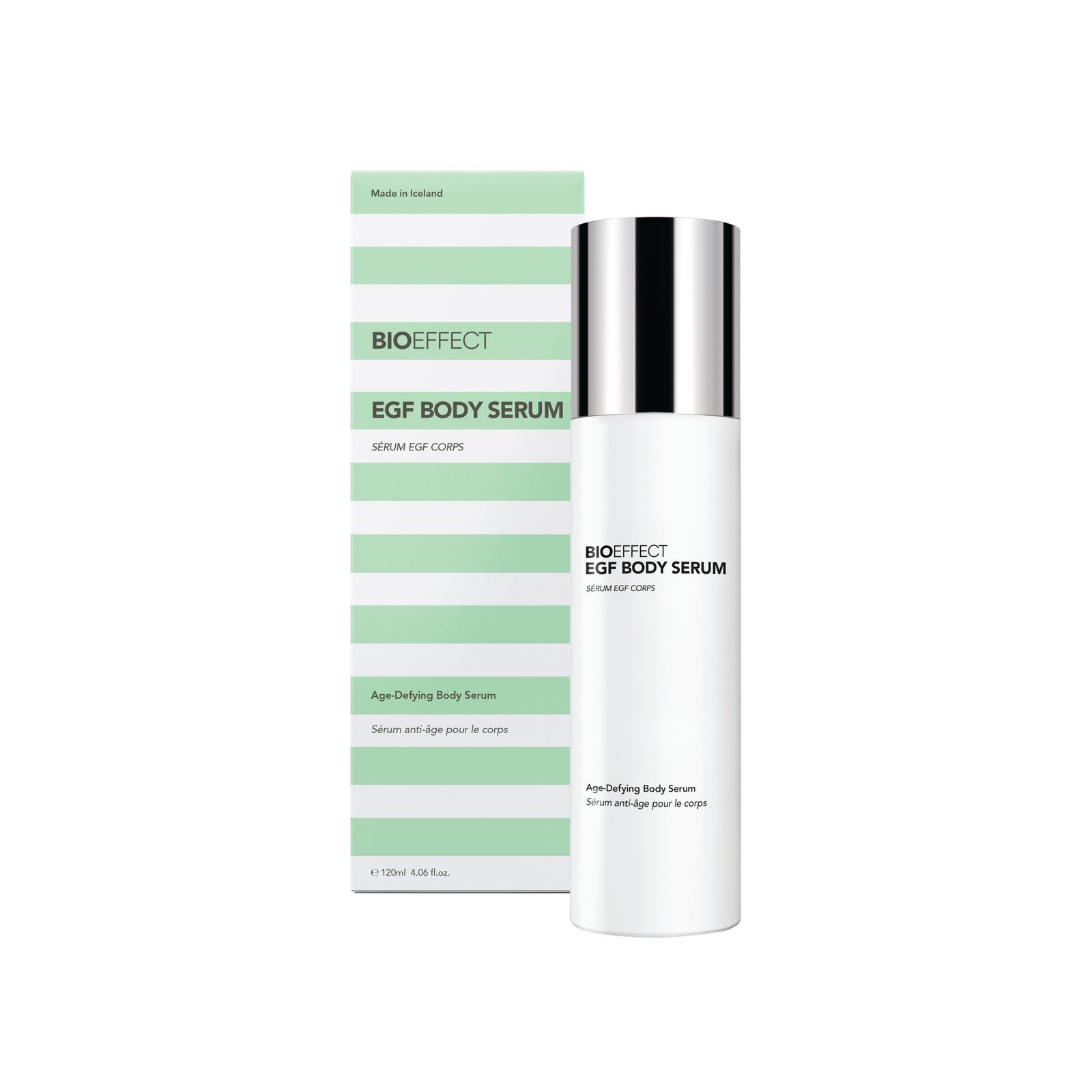 BIOEFFECT EGF Body Serum 120 ml buteliukas ir dėžutė baltame fone
