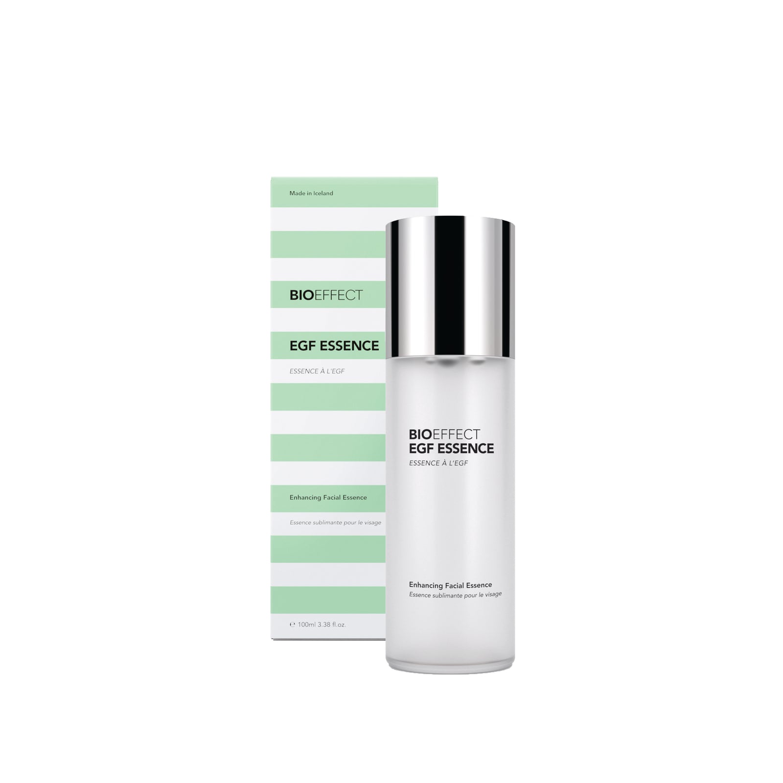 BIOEFFECT EGF Essence 100 ml buteliukas šalia dėžutės baltame fone