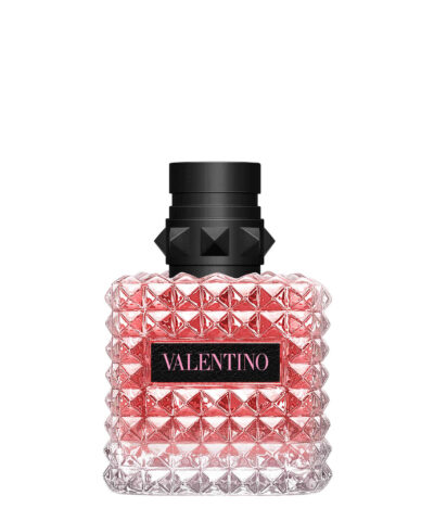 Valentino Donna Born In Roma Eau de Parfum 30 ml sarkanrozā flakons ar kniedēm un melnu ādas etiķeti
