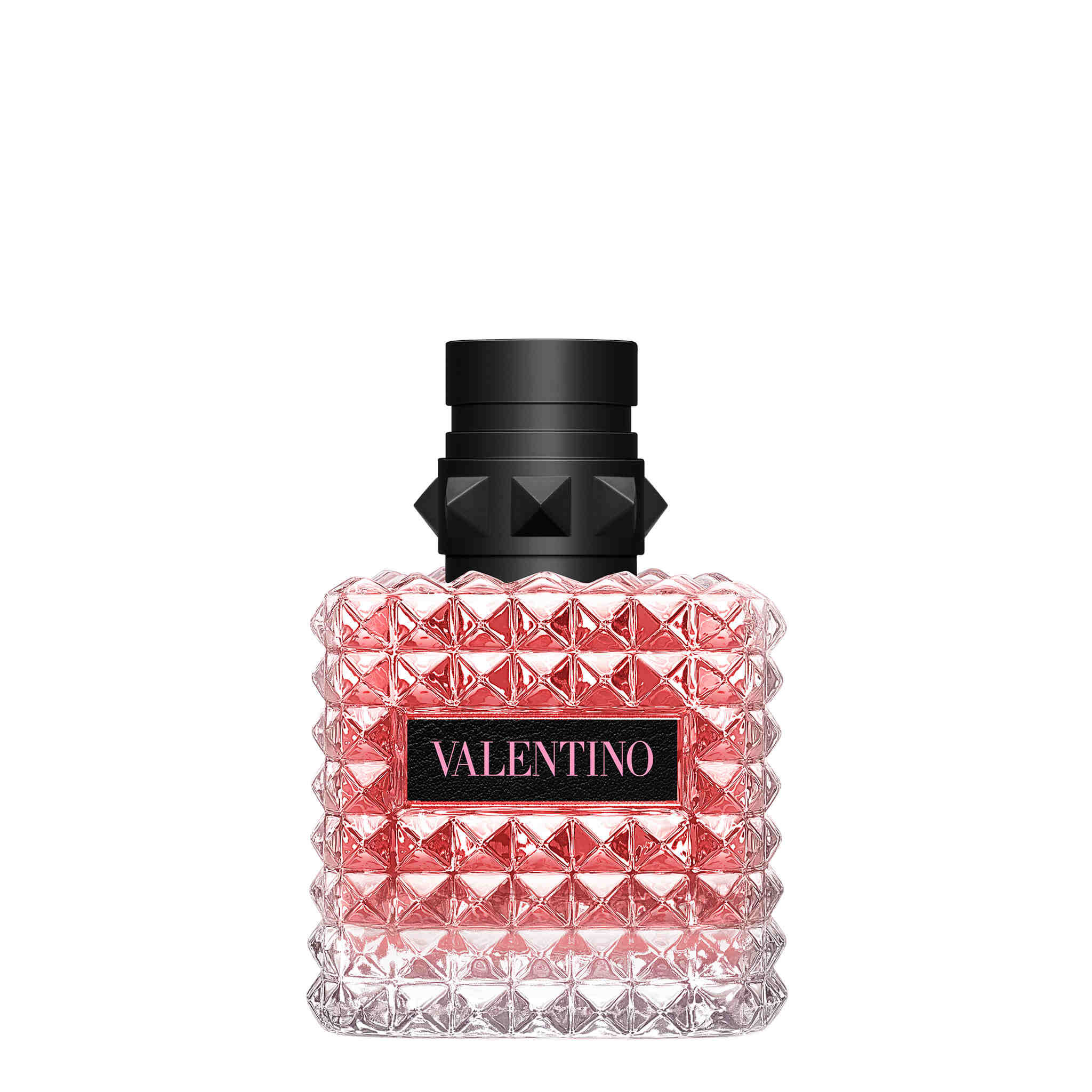 Valentino Donna Born In Roma Eau de Parfum 30 ml sarkanrozā flakons ar kniedēm un melnu ādas etiķeti