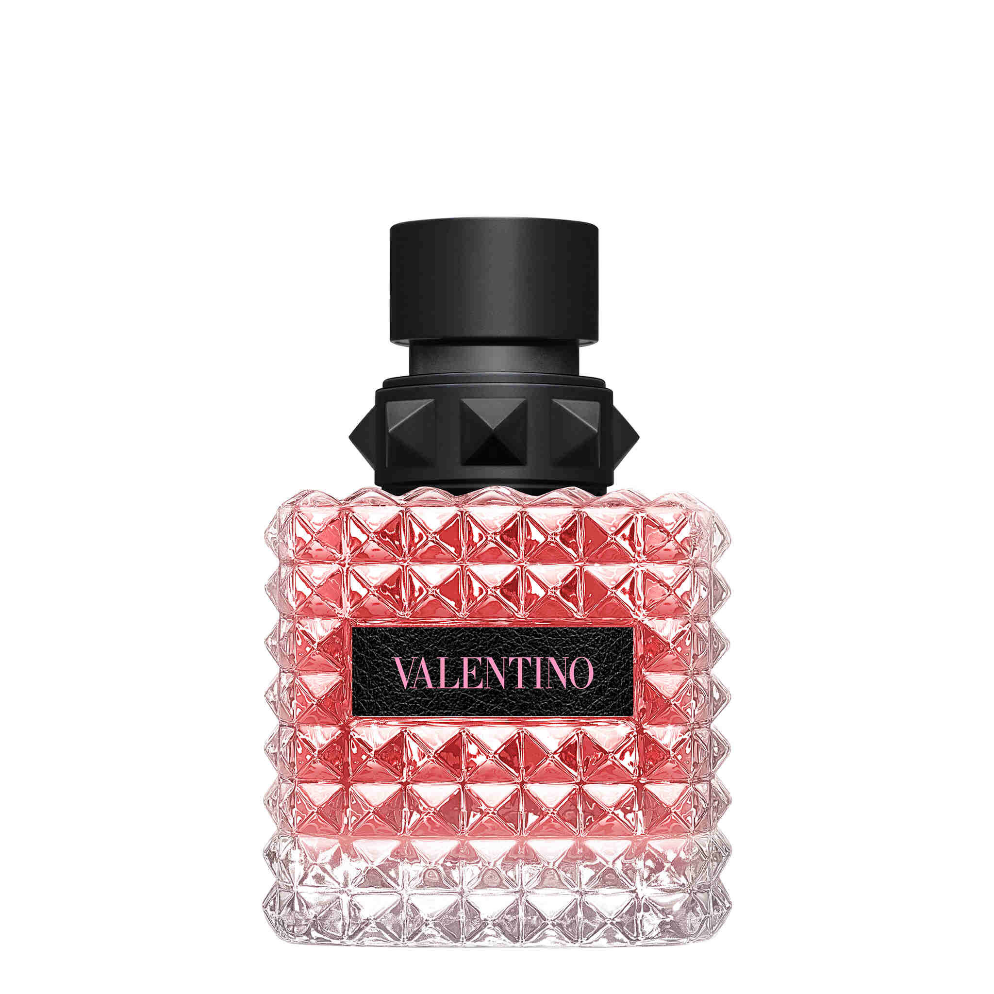 Valentino Donna Born In Roma Eau de Parfum 50 ml sarkanrozā flakons ar kniedēm un melnu ādas etiķeti