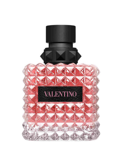 Valentino Donna Born In Roma Eau de Parfum 100 ml sārti sarkans kniedēts flakons ar melnu ādas etiķeti