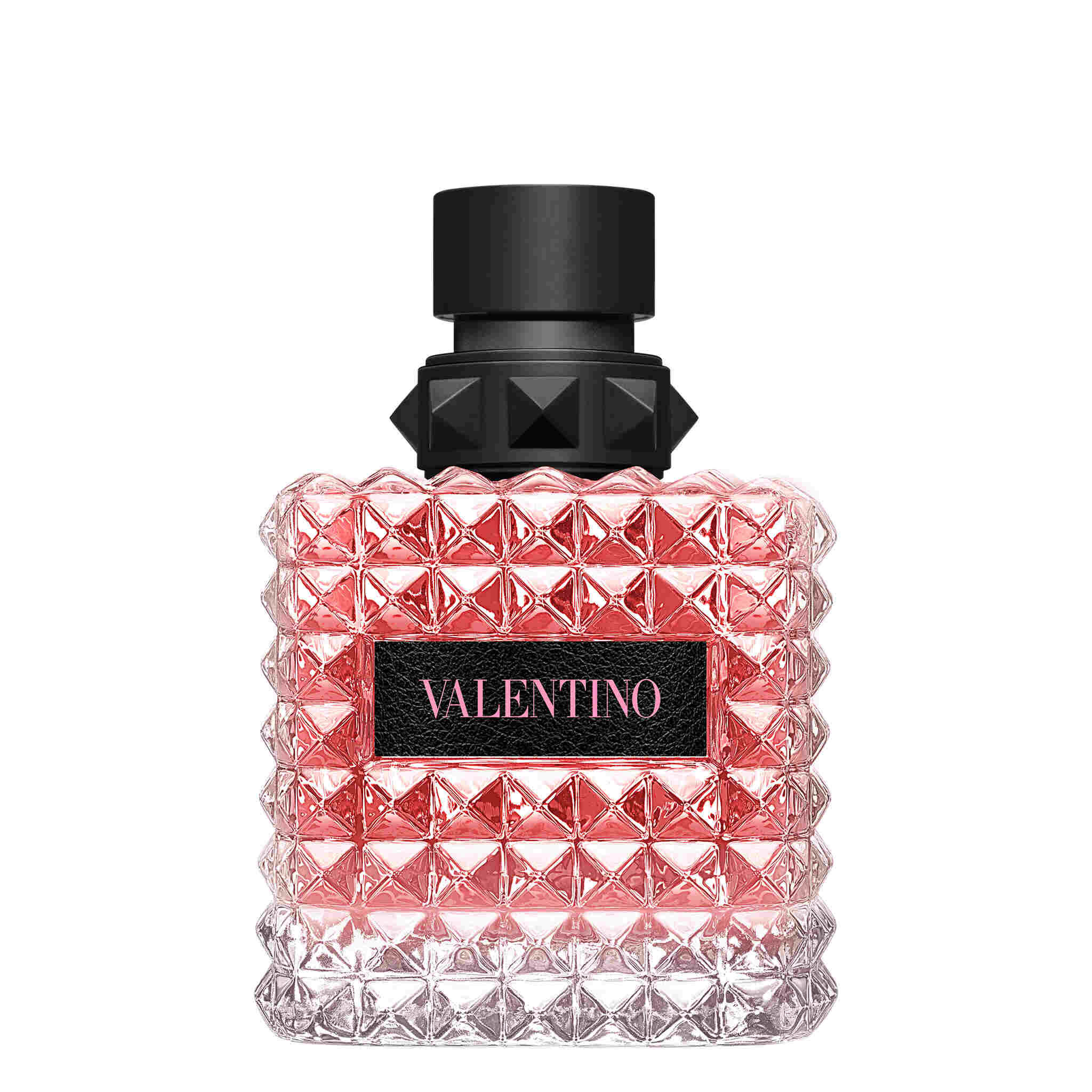 Valentino Donna Born In Roma Eau de Parfum 100 ml sārti sarkans kniedēts flakons ar melnu ādas etiķeti