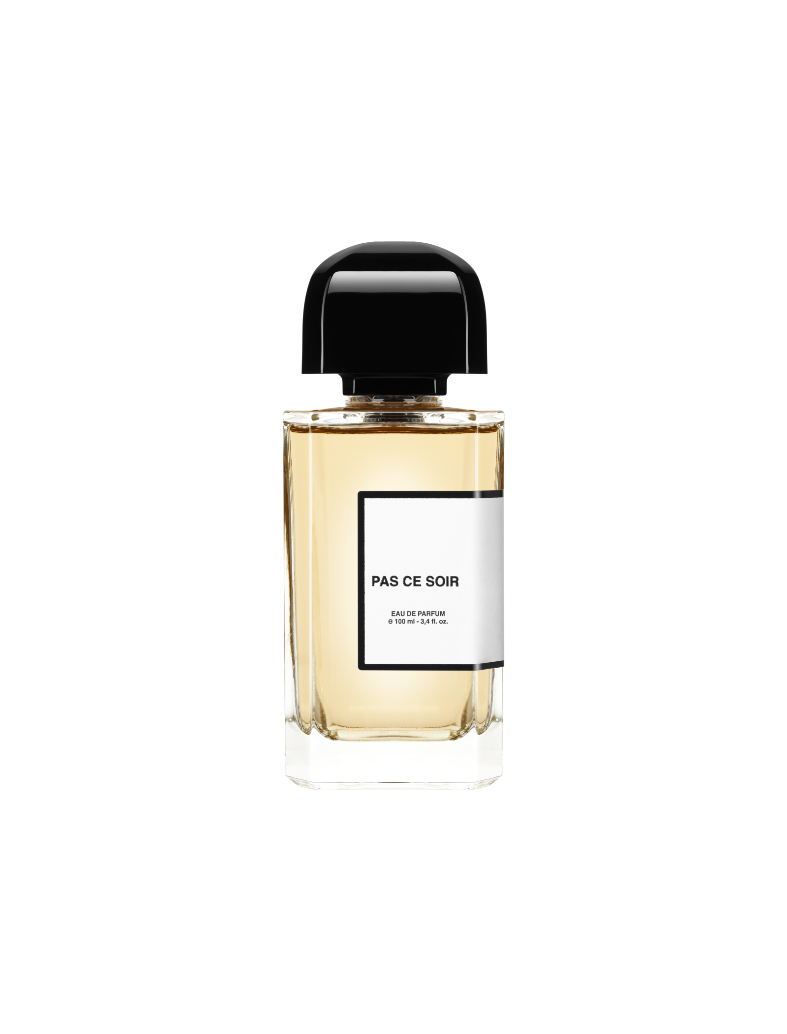 BDK Parfums Pas Ce Soir Eau de Parfum 100 ml, caurspīdīgs flakons ar dzintara krāsas šķidrumu un melnu vāciņu