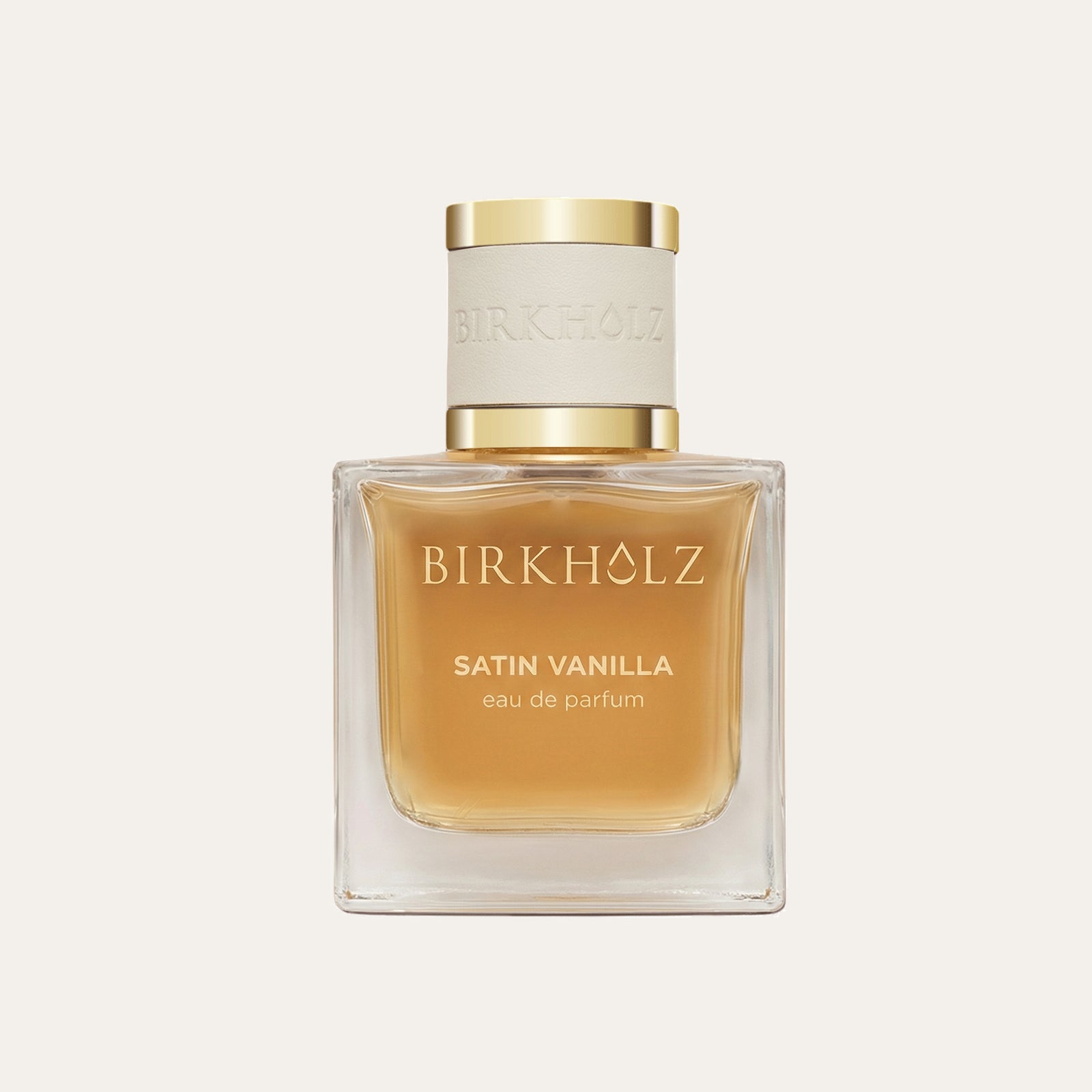 Birkholz Satin Vanilla Eau de Parfum 100 ml, žemas platus flakons ar zeltainu vāciņu un baltu ādas lentīti