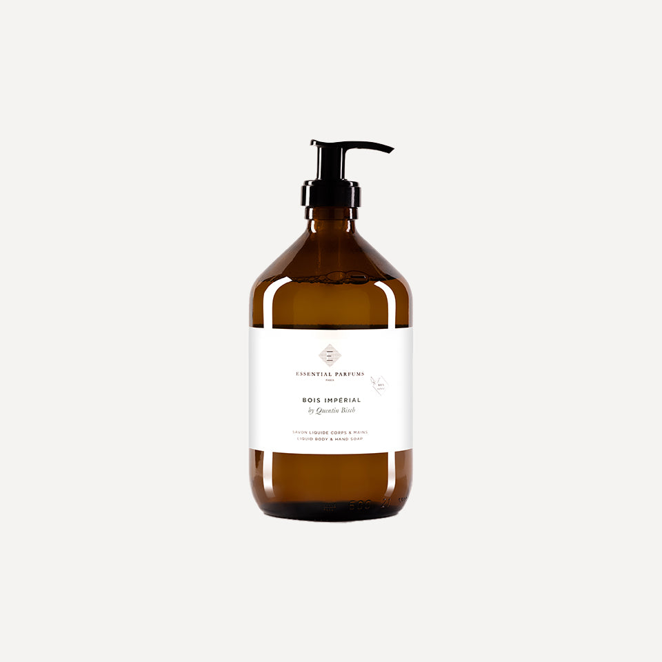 Essential Parfums Bois Imperial šķidrās ziepes 500 ml, brūna stikla pudele ar pumpi