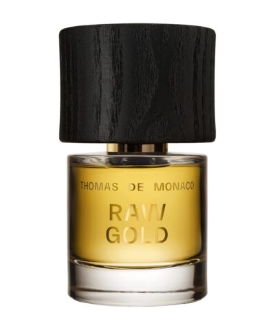 Thomas de Monaco Raw Gold Extrait 50 ml flakonas su auksiniu skysčiu ir juodu kamšteliu
