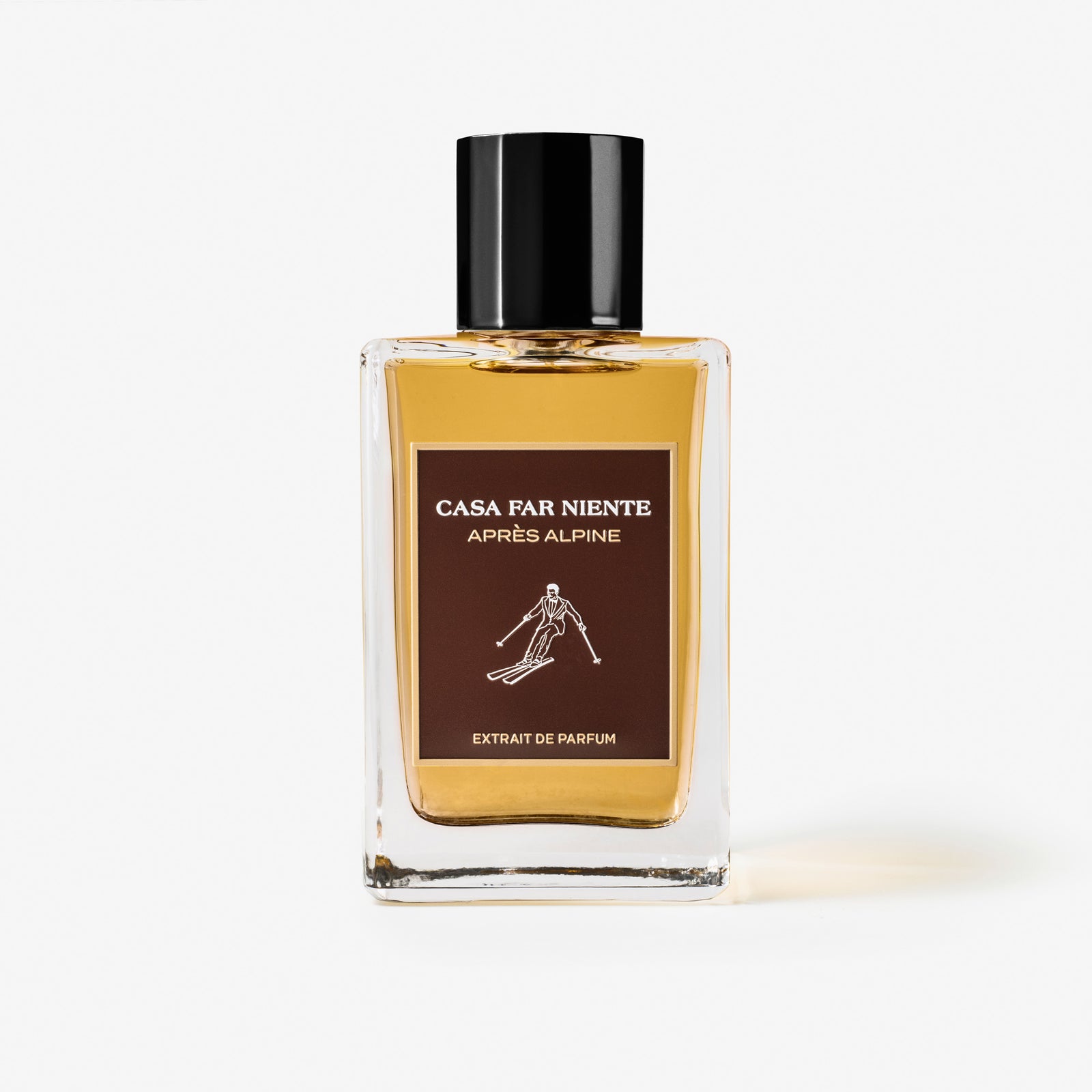 Casa Far Niente Après Alpine Extrait de Parfum 100 ml, skaidrus buteliukas su rudai šokoladine etikete ir juodu dangteliu
