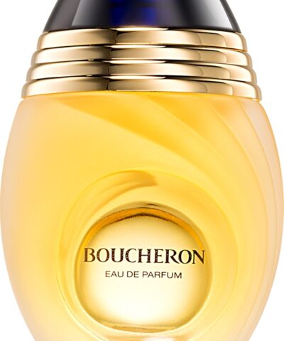 Boucheron Pour Femme Eau de Parfum, apvalus matinio stiklo buteliukas su auksiniais žiedais ir mėlynu dangteliu, 100 ml
