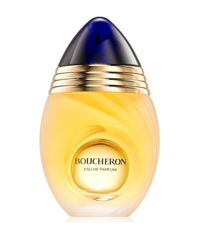 Boucheron Pour Femme Eau de Parfum, apvalus matinio stiklo buteliukas su auksiniais žiedais ir mėlynu dangteliu, 100 ml