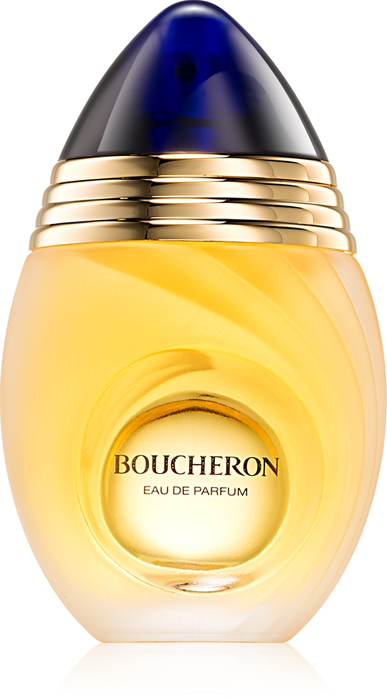 Boucheron Pour Femme Eau de Parfum, apvalus matinio stiklo buteliukas su auksiniais žiedais ir mėlynu dangteliu, 100 ml