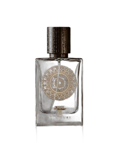 Eau de Moe AMAL Eau de Parfum 80 ml skaidrus buteliukas su auksiniu ornamentu