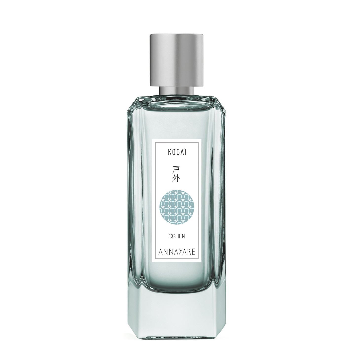 Annayake Kogaï for Him Eau de Toilette 100 ml, briaunotas melsvai žalsvo stiklo flakonas su sidabriniu dangteliu