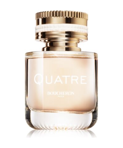 Boucheron Quatre pour Femme Eau de Parfum, skaidrus buteliukas su persikiniu skysčiu ir aukso bei baltos keramikos dangteliu, 50 ml
