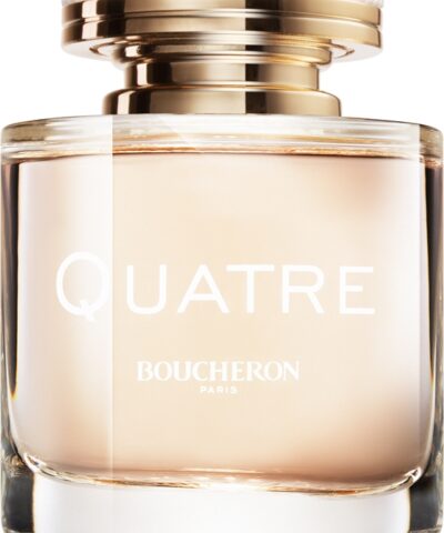 Boucheron Quatre pour Femme Eau de Parfum, skaidrus buteliukas su persikiniu skysčiu ir aukso bei baltos keramikos dangteliu, 30 ml