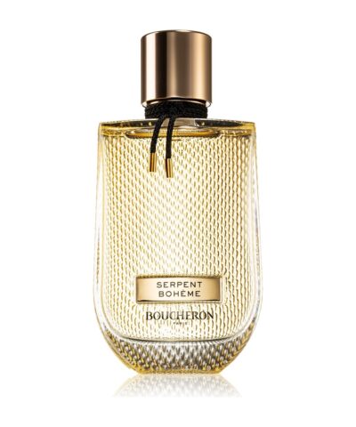 Boucheron Serpent Bohème Eau de Parfum, zeltains flakons ar čūskas zvīņu rakstu un melnu pītu auklu, 90 ml