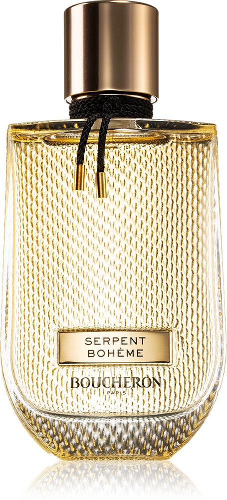 Boucheron Serpent Bohème Eau de Parfum, auksinis buteliukas su gyvatės žvynų raštu ir juoda pinta virvele, 30 ml