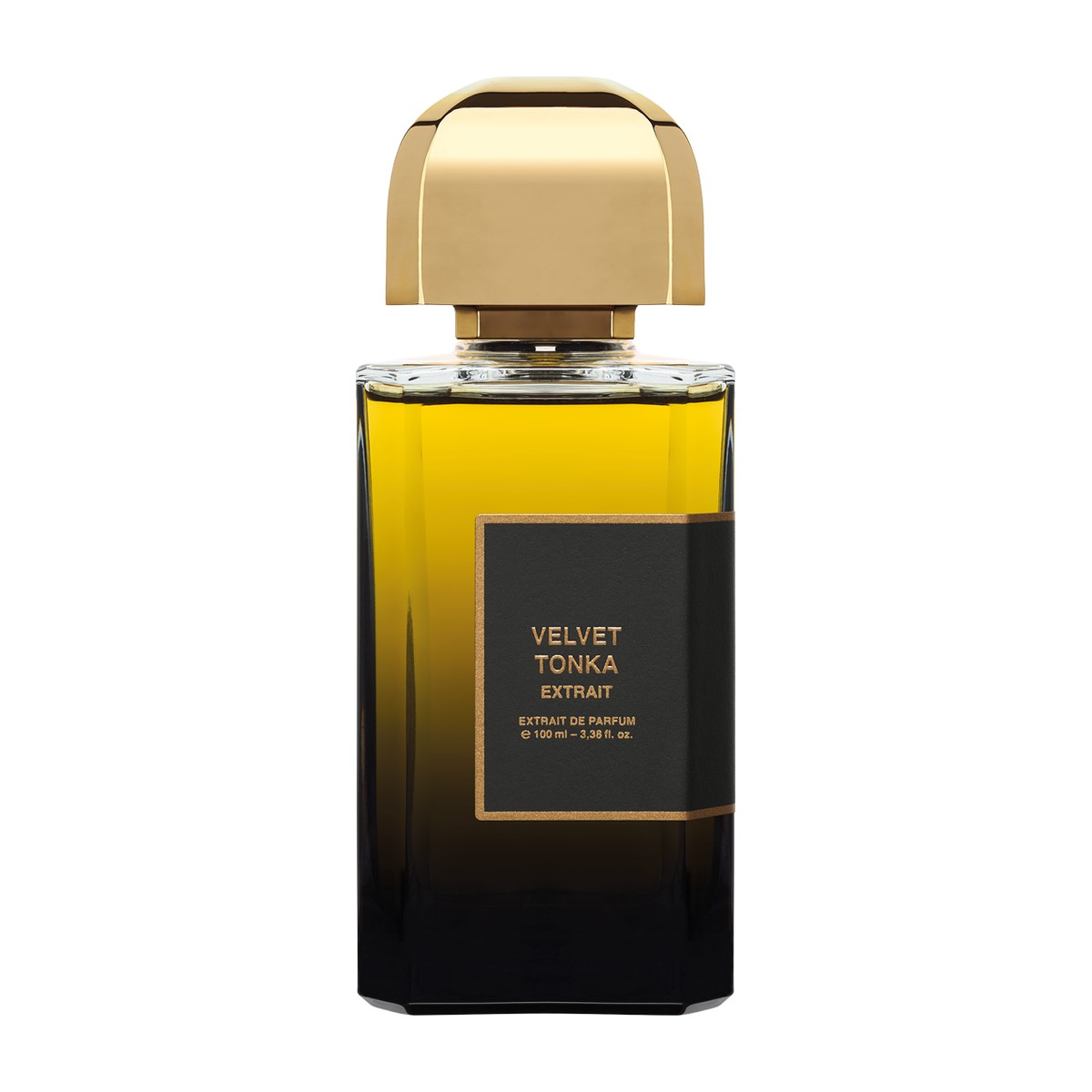 BDK Parfums Velvet Tonka Extrait 100 ml buteliukas su auksiniu dangteliu ir juoda etikete ant balto fono