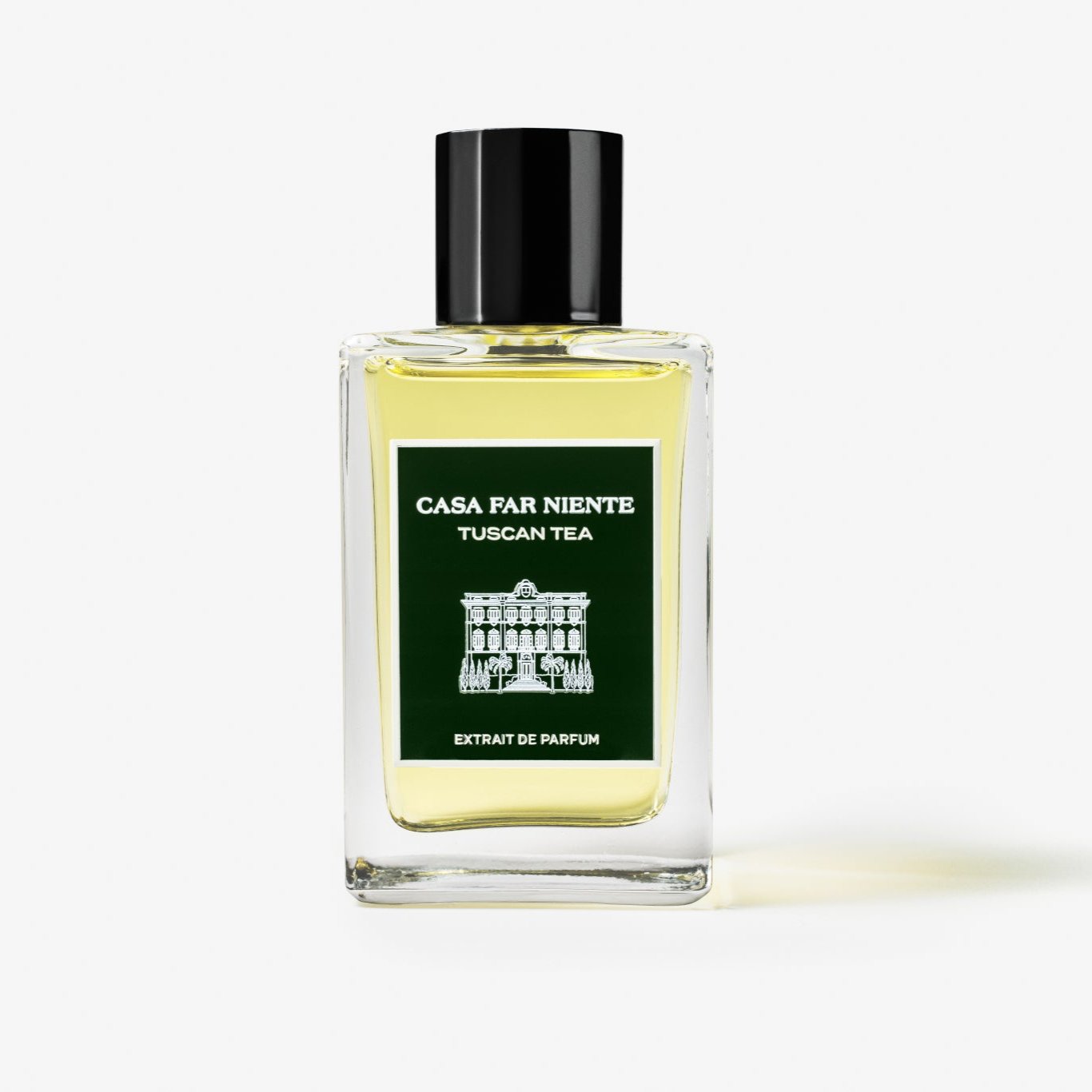 Casa Far Niente Tuscan Tea Extrait de Parfum 100 ml, skaidrus buteliukas su tamsiai žalia etikete ir juodu dangteliu